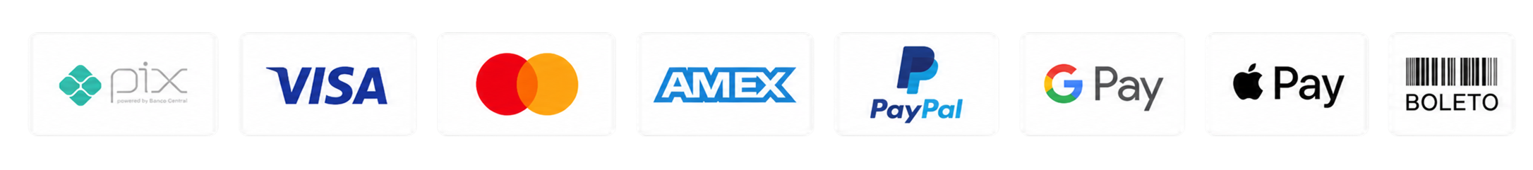 Métodos de pagamento: Pix, Visa, Mastercard, Amex, PayPal, Google Pay, Apple Pay e Boleto
